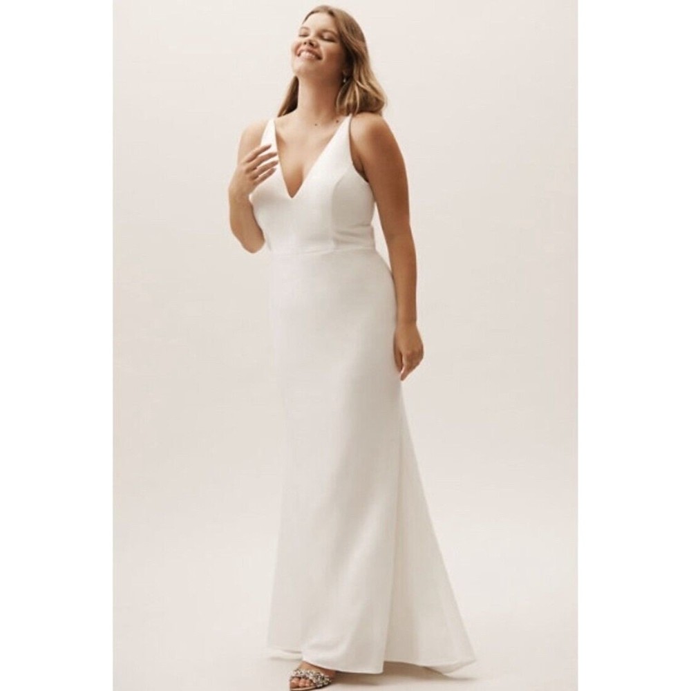 Anthropologie BHLDN Jones V-Neck Crepe Maxi Gown Wedding Formal Dress White 6
